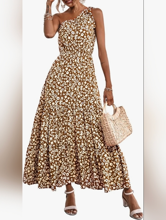PrettyGarden Dresses & Skirts - Pretty Garden One-Shoulder Brown Floral Maxi Dress